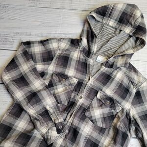 Columbia Womens Medium Plaid Hooded Long Sleeve Button Up‎ Roll Tab Sleeve Black